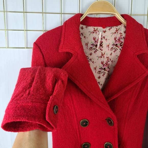 Free People Poppy Red Boiled Wool Blend Boucle Double-Breasted Coat - Picture 5 of 8